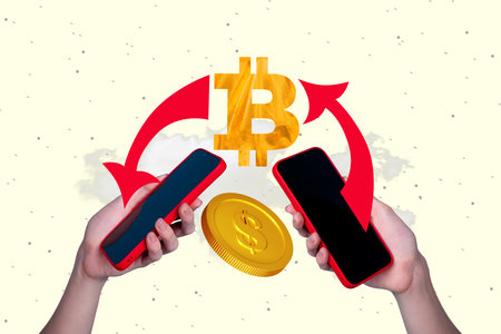 Composite photo collage of hands hold iphone devices arrow exchange bitcoin dollar currency fund miner trade isolated on painted backgroundの写真素材