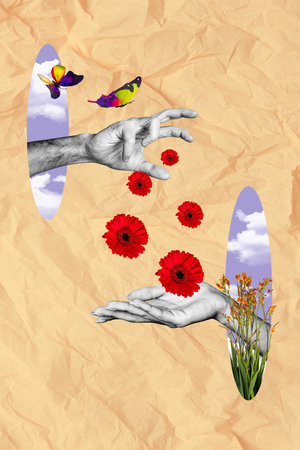 Trend artwork composite sketch image 3D photo collage of huge hand appear hole sky heaven butterfly flower spring season sky heaven cloudsの写真素材