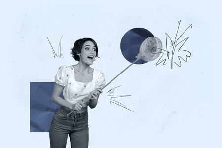 Composite trend artwork 3D sketch image collage of young lady hand hold catch net hunting nature outdoors butterfly bug emoji face amazedの写真素材