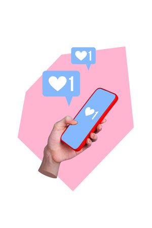 Vertical poster collage 3d hand body fragment hold smartphone digital device social media blogging...
