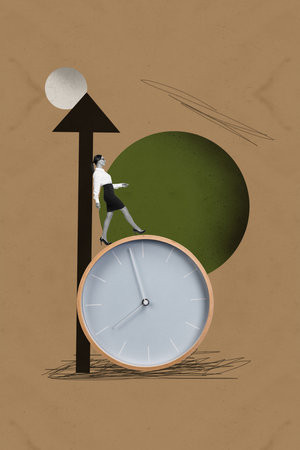 Vertical photo collage of happy businesswoman walk huge dial clock arrow success deadline career growth isolated on painted backgroundの写真素材