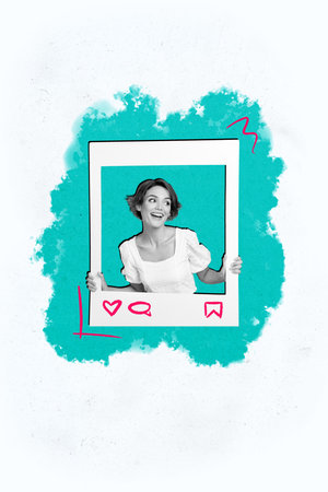 Composite trend artwork sketch image photo collage of social media app like popular young lady appear white color frame photo profileの写真素材
