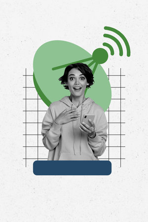 Vertical photo collage of astonished girl hold phone modern 5g connection wifi tower speed network isolated on painted backgroundの写真素材