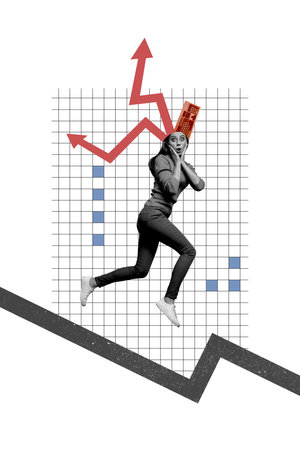 Vertical poster collage young woman economy charts increase growth success strategy earnings positive results arrows indicatorsの写真素材
