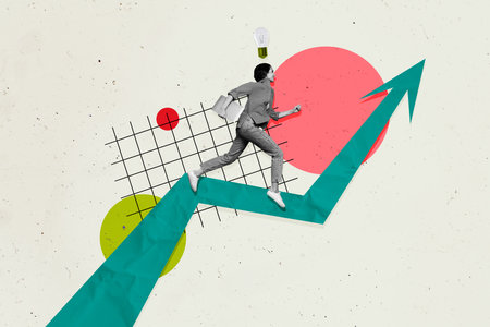 Creative trend collage of arrow point running female elecrtric bulb logic ideas weird freak bizarre unusual fantasyの写真素材