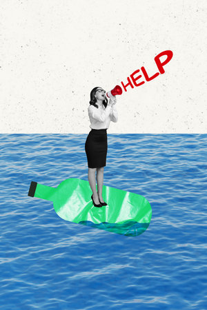 Vertical collage young woman entrepreneur agent formalwear ask help scream shout loudspeaker swim garbage bottle ocean drawing backgroundの写真素材