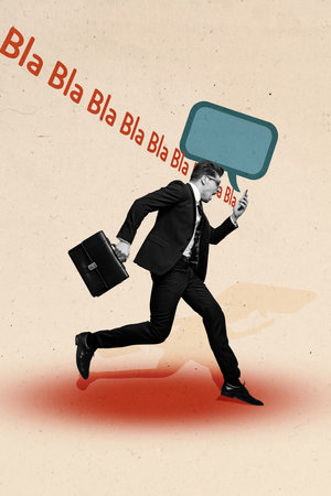 Poster collage banner of running worker man use cell smart gadget read message on pastel color backgroundの写真素材