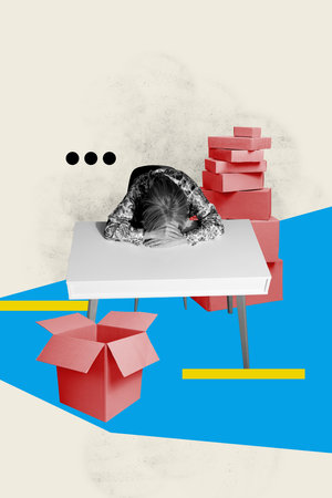 Vertical photo collage of tired postie woman head down open cardboard boxes import shipment worker postal isolated on painted backgroundの写真素材