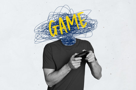 Poster banner collage of people with doddle face addicted to game play on white color backgroundの写真素材
