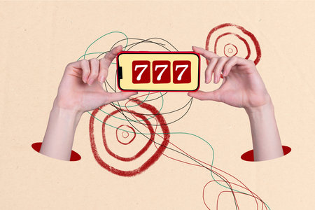 Composite photo collage of human hands hold iphone device online casino player addiction gambling game win isolated on painted backgroundの写真素材