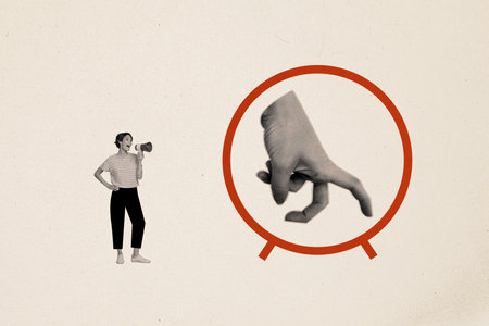 Composite collage image of hand running circle bossy female chief megaphone screaming control pressure billboard comics zine minimalの写真素材