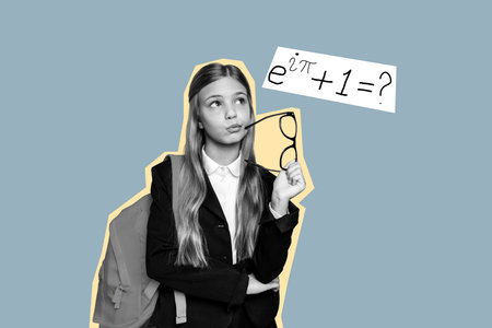 Composite photo collage of minded girl hold glasses think solution physics lesson formula education...