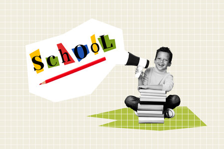Composite photo collage of funny small schoolboy hold megaphone announce september first back school book isolated on painted backgroundの写真素材