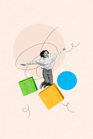 Creative poster collage of funny flying girl blocks school day shopping kids education concept freak...
