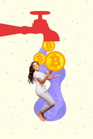 Vertical photo collage of happy brunette teenage girl open faucet water pour bitcoin income golden coin isolated on painted backgroundの写真素材