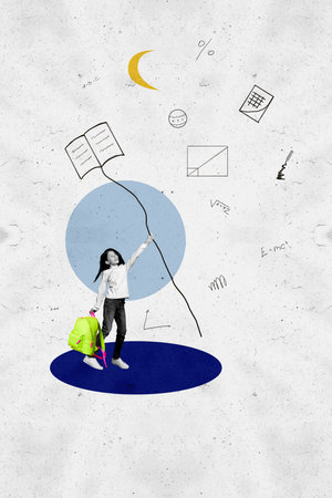 Vertical photo collage of happy schoolgirl hold string book balloon imitation education literature concept isolated on painted backgroundの写真素材