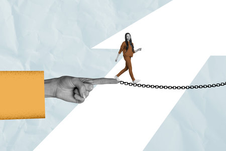 Composite photo collage of happy business girl walk chain link success development human hand point isolated on painted backgroundの写真素材