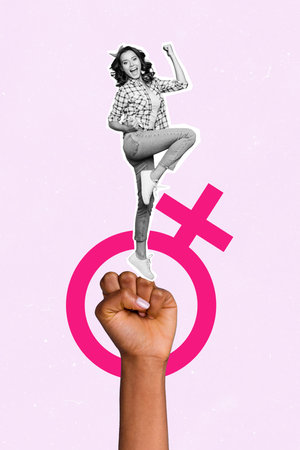 Composite trend artwork sketch image collage of international woman day celebrate flower spring young lady stand fist yes win power strongの写真素材