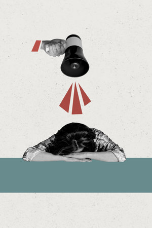 Vertical poster collage young businesswoman apathy sad upset depression loudspeaker bullhorn bullying insult offense abuse victim cryingの写真素材