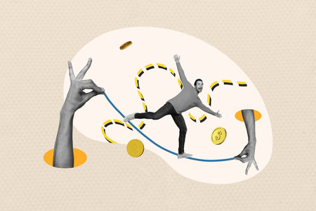 Creative picture collage human hand man overcome rope walker fearless golden coins economy trader success rich wealthy investorの写真素材
