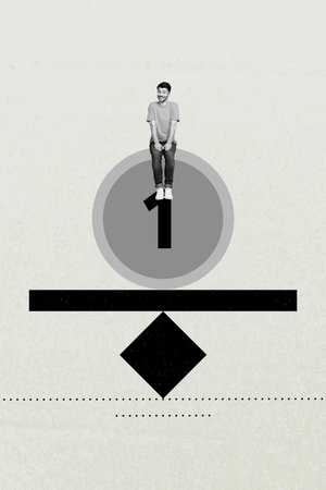 Vertical photo collage of happy man sit medal prize success promotion champion development first...