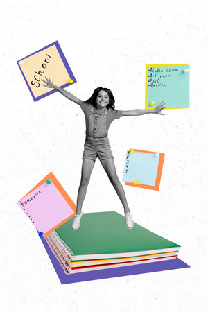 Composite collage image of funny girl jump organized education studying school day shopping freak bizarre unusual fantasy billboardの写真素材