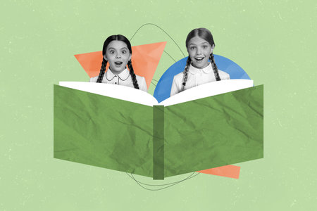 Creative poster collage of funny girls read big book school day shopping kids education concept freak bizarre unusual fantasyの写真素材