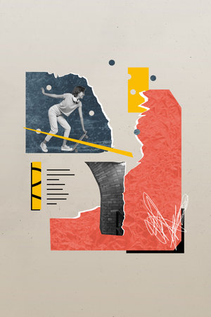 Vertical creative collage poster fashion week outfit promotion store advert young girl riding skate active lifestyle drawing backgroundの写真素材