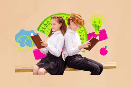 Composite photo collage of two happy redhead school girl boy read book light bulb finding literature...