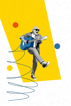 Creative 3d photo vertical graphics collage painting of excited funky mature guy playing guitar isolated drawing backgroundの写真素材