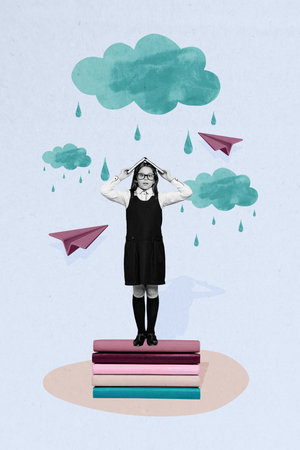 Vertical photo collage of shocked nerd schoolgirl hide book roof rainfall autumn cyclone back school concept isolated on painted backgroundの写真素材