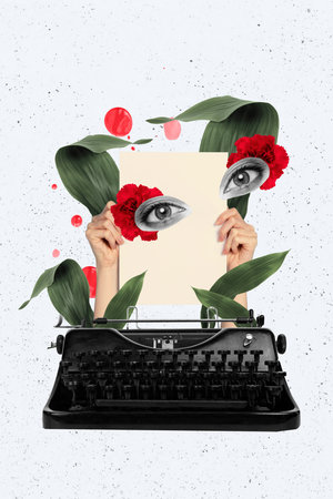 Creative drawing collage picture of funny eyes watching eyes typewriter writing novel hands hold paper weird freak bizarre unusual fantasyの写真素材