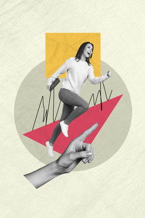 Composite trend artwork sketch image photo collage of three huge hand arm appear finger point show direction young woman move jumpの写真素材
