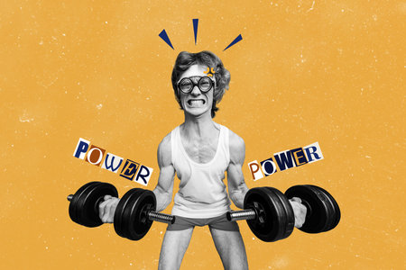 Composite trend artwork sketch image photo collage of sport training exercise young man hold two kettlebell lift effort power bodybuildingの写真素材