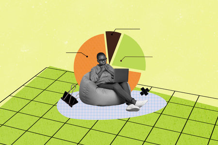Composite photo collage of minded american girl sit beanbag browsing laptop diagram statistics development isolated on painted backgroundの写真素材