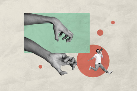 Creative abstract collage of happy man liar hold megaphone run angry hand human victim disinformation isolated on painted backgroundの写真素材
