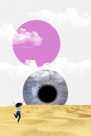 Vertical photo collage of anonym girl jump huge 3d eye supervision eyeball espionage stalker control isolated on painted backgroundの写真素材