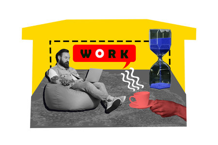 Composite photo collage of serious businessman sit beanbag surf macbook device freelance home work hourglass isolated on painted backgroundの写真素材