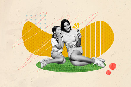 Composite trend artwork sketch image collage of family generation mother daughter sister together picnic hold smartphone blogger selfieの写真素材