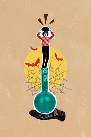 Vertical photo collage of astonished wizard stand big flask poison occult ritual halloween black magic isolated on painted backgroundの写真素材