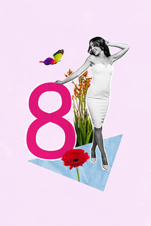 Trend artwork composite sketch image 3D photo collage of international woman day march flower bouquet young woman model posing walkの写真素材