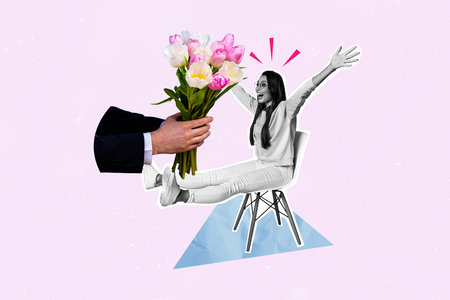 Trend artwork composite sketch image 3D photo collage of international woman day march flower bouquet young woman sit chair gift presentの写真素材