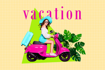 Composite photo collage of happy girl ride vespa moped carry suitcase summer vacation travel palm leaves isolated on painted backgroundの写真素材