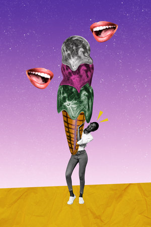 Trend artwork sketch image 3D collage of surreal world desert sand night sky star young woman stand hand hold huge ice cream melting moonの写真素材