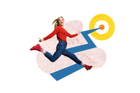 Composite photo collage of happy blonde business girl run promotion path target development growth...