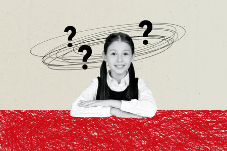 Collage 3d image retro sketch of funny girl question mark school day shopping kids education concept magazine billboard comics zine minimalの写真素材