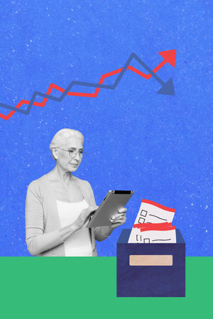 Vertical photo collage of serious old woman surf ereader box ballot election procedure registration...