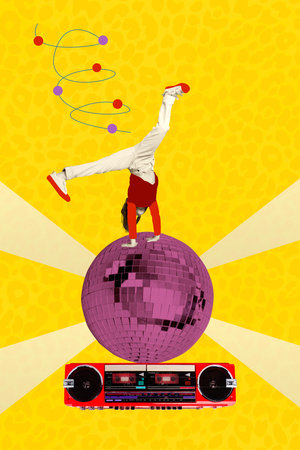 Vertical photo cartoon comics sketch collage picture of carefree kid dancing breakdance big disco...