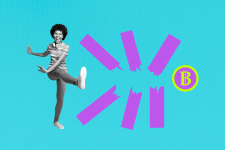 Creative collage image young girl kick collapse break obstacles reach goal target bitcoin virtual currency money finance trading conceptの写真素材