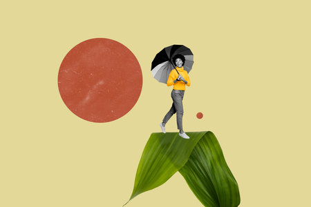 Composite photo collage of happy american girl hold umbrella walk green leaf botany concept outdoors isolated on painted backgroundの写真素材